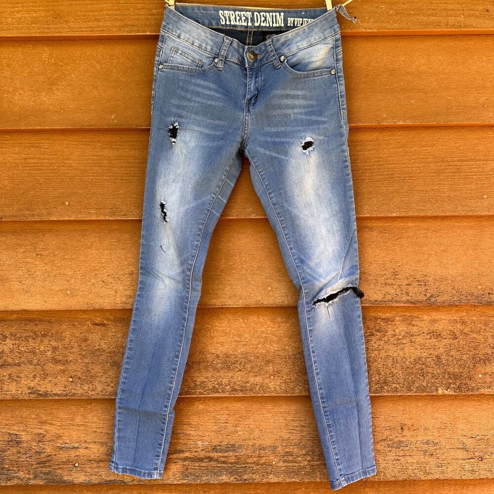 VIP Jeans Street Denim SD2-7455B Light Blue Distressed Low Rise Jeans Size 7/8